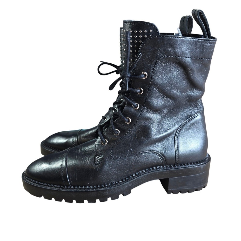 Zara Black Leather Studded Woman Combat Boots Lug Sole Side Zip EU 39 Biker Goth